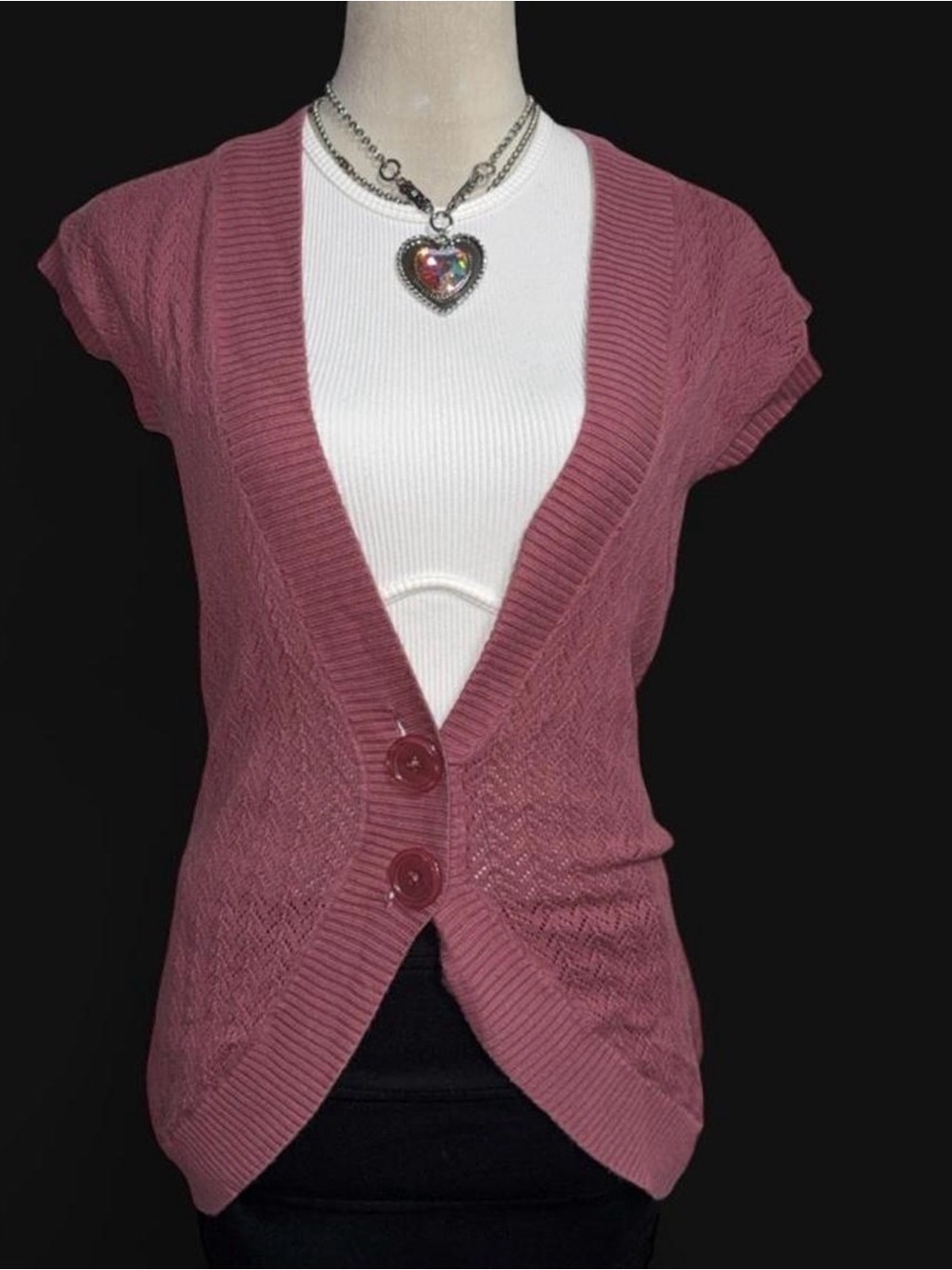 Short-Sleeve V-Neck Knit Cardigan in Dusty Rose Y2K